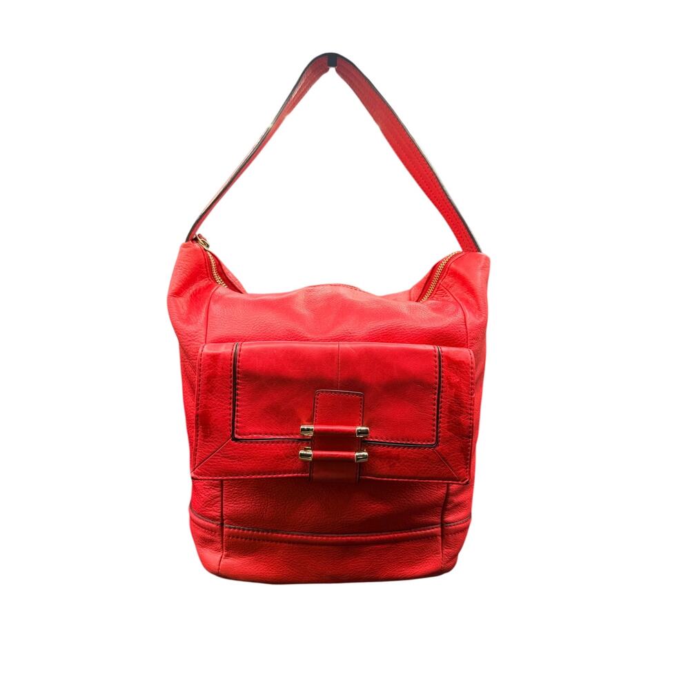 B Makowsky Red Pebbled Leather Hobo Shoulder Bag Gold Hardware